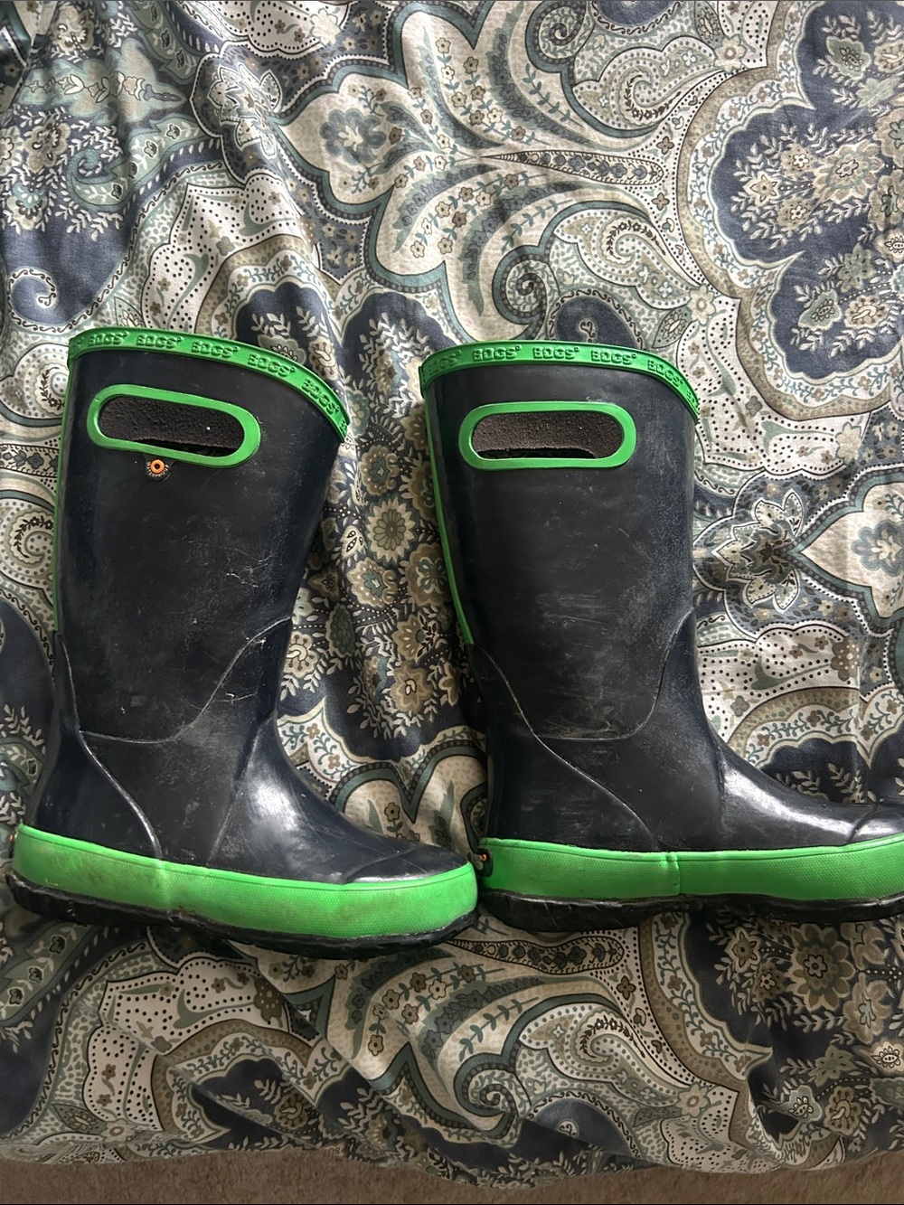 Bogs Kids Black and Green Rain Boots